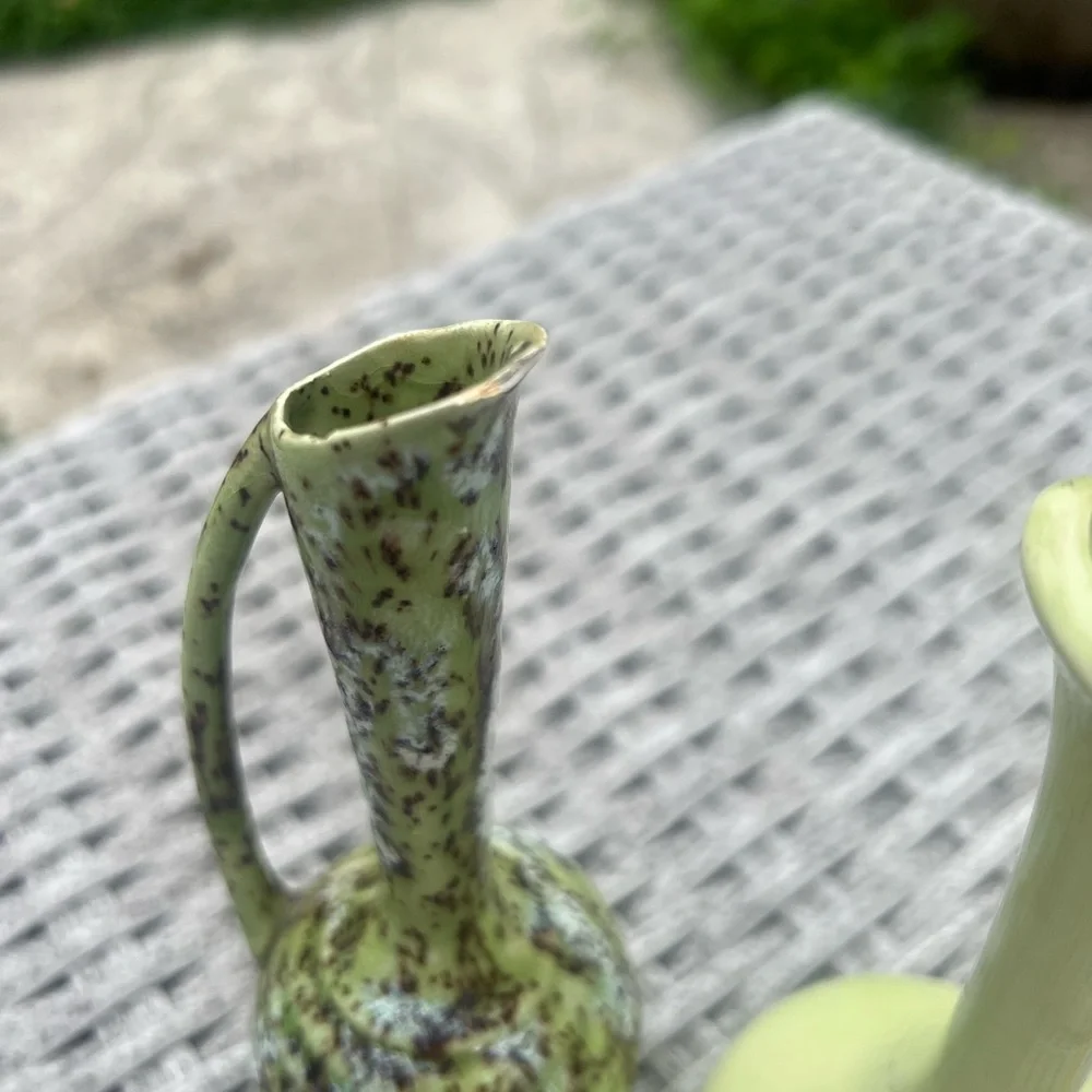 Pair of Vintage Miniature Ceramic Pitcher Vases Green Speckled Pale Yellow Gold